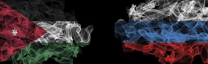 Flags of Jordan and Russia on a black background, Jordan vs Russia Smoke Flags