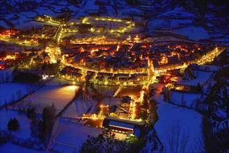 Benasque village Benas sunset aerial view in Huesca Pyrenees of Spain