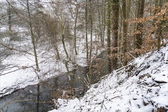 The River Hönne in the snowy Hönne Valley, Balve, Sauerland, North Rhine-Westphalia