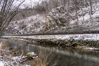 The River Hönne in the snowy Hönne Valley, Balve, Sauerland, North Rhine-Westphalia