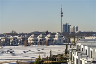 View of the snow-covered and frozen Phoenix Lake and the Florian television tower in Dortmund,