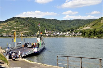 Car ferry in Niederheimbach, Rhineland-Palatinate, on the other side of the Rhine is Lorch, UNESCO