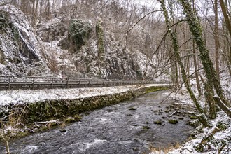 The River Hönne in the snowy Hönne Valley, Balve, Sauerland, North Rhine-Westphalia