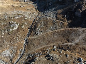 Hiking trails, bird's eye view, drone shot, Vallon d'Arbi, La Tzoumaz, Riddes, Valais, Switzerland,