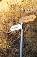 La Vatze, Bisse de Saxon, Col de la Marlène and Les Etablon, signpost in autumn forest, La Tzoumaz,