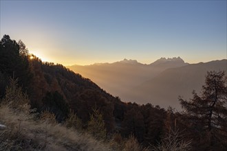 Sunset, view of the Rhone valley with Dent zu Midi group, Riddes, Valais, Switzerland, Europe