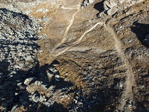 Hiking trails, bird's eye view, drone shot, Vallon d'Arbi, La Tzoumaz, Riddes, Valais, Switzerland,