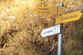 La Vatze, Bisse de Saxon, Col de la Marlène and Les Etablon, signpost in autumn forest, La Tzoumaz,