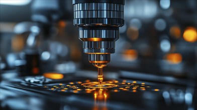 Close-up of a microscope in a lab environment with a warm orange glow, showcasing precision