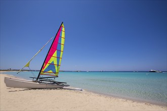 Catamaran sailboat in Illetes beach of Formentera at Balearic Islands