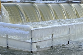 Icy times: Winter weir on the Luppe in Leipzig. Saxony, Germany, Europe