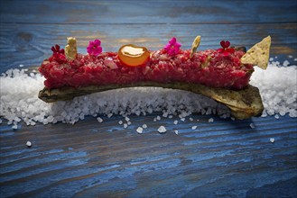 Steak tartar with egg yolk on half bone presentation modern cuisine