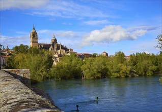 Salamanca skyline and roman bridge over Tormes river in Spain