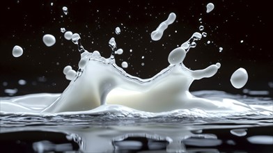 Milk splash impact with droplets colliding in mid-air against a dark backdrop, capturing dynamic