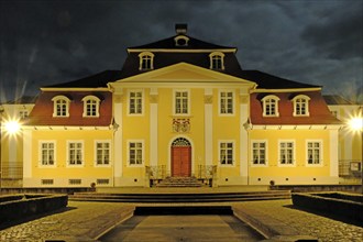 The illuminated Friederikenschlösschen in the evening. Bad Langensalza, Thuringia, Germany, Europe