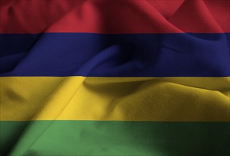 Closeup of Ruffled Mauritius Flag, Mauritius Flag Blowing in Wind