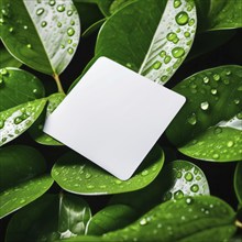 White square paper resting on large green leaves with water droplets, evoking freshness and nature,