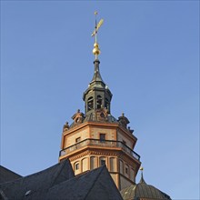 View upwards to the tower and weather vane of the Nikolaikirche Leipzig. Saxony, Germany, Europe