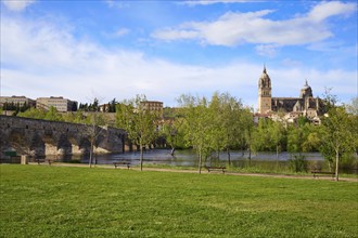 Salamanca skyline and roman bridge over Tormes river in Spain