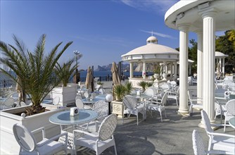 Sudak, Crimea, October 16, 2021: An empty cafe on the seaside promenade of the resort town in the