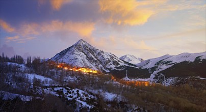 Benasque village Benas sunset aerial view in Huesca Pyrenees of Spain