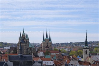 View over Erfurt with cathedral, St Severi and Kaufmannskirche in spring. Erfurt, Thuringia,