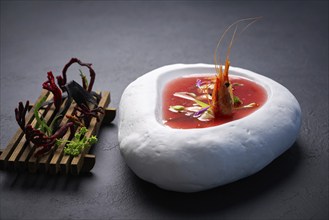 Mediterranean gazpacho tomato soup with seafood and codium salad