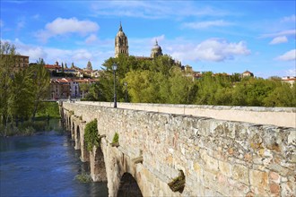 Salamanca skyline and roman bridge over Tormes river in Spain