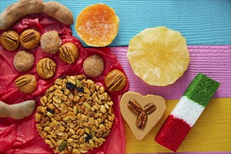 Mexican sweets and pastries cajeta tamarindo coconut flag Palanqueta puerquito