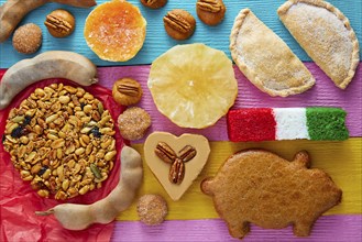 Mexican sweets and pastries cajeta tamarindo coconut flag Palanqueta puerquito