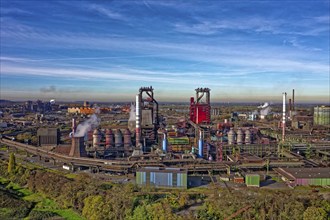 Two blast furnaces in a steel plant in North Rhine-Westphalia, Germany, Europe