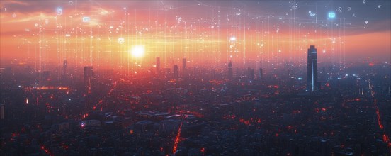 A nighttime cityscape with a red hue and digital enhancements, offering a futuristic look, AI