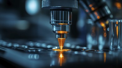 A microscope with an orange light in a lab scene, set against a blue-toned, focused ambiance, AI