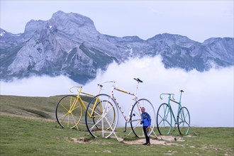 Giant bicycles tribute to the Tour, Col Aubisque, Aquitaine, French Pyrenees, France, Europe