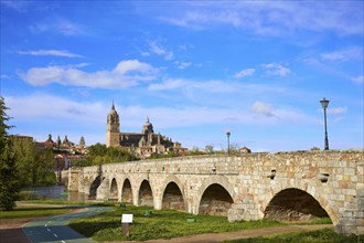 Salamanca skyline and roman bridge over Tormes river in Spain