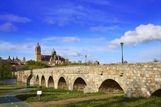 Salamanca skyline and roman bridge over Tormes river in Spain