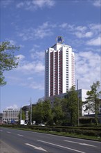 The Wintergarten tower block, one of Leipzig's first skyscrapers, in spring