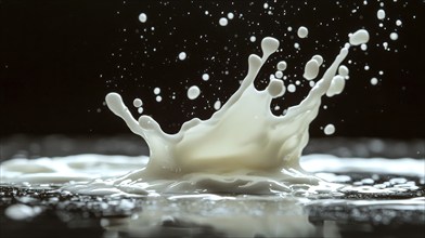 Milk splash captured in mid-air against a dark background, showcasing dynamic liquid motion, AI