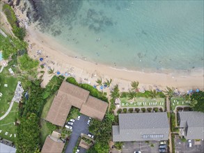 Aerial view of tropical destination with white sand and turquoise water. Kapalua coast in Maui,