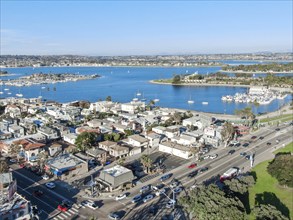 Aerial view of Mission Bay and beach in San Diego during summer, California. USA. Community built