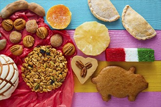 Mexican sweets and pastries cajeta tamarindo coconut flag Palanqueta puerquito