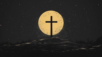 Cross silhouette with an ethereal glow of the moon and stars in a tranquil night scene, AI