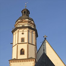 View upwards to the tower and viewing platform of St Thomas' Church in Leipzig. Saxony, Germany,