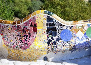 Barcelona Park Guell of Gaudi tiles mosaic serpentine bench modernism