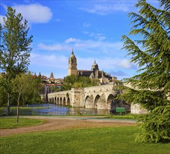 Salamanca skyline and roman bridge over Tormes river in Spain