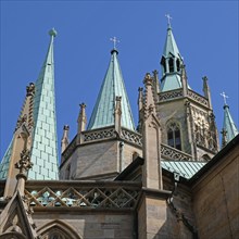 View upwards to the towers of Erfurt Cathedral. Erfurt, Thuringia, Germany, Europe