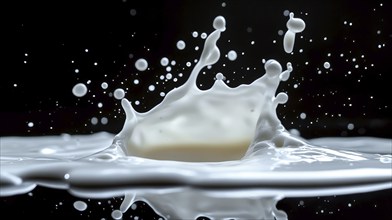 Milk splash with droplets suspended in the air against a dark background, creating a dynamic motion