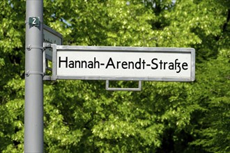 Street sign of Hannah-Arendt-Strasse in Berlin near the Holocaust Memorial