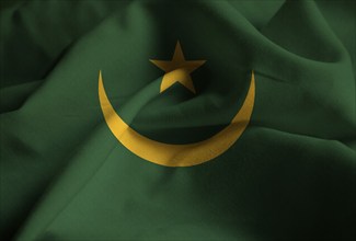 Closeup of Ruffled Mauritania Flag, Mauritania Flag Blowing in Wind