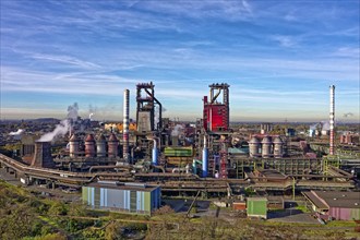 Two blast furnaces in a steel plant in North Rhine-Westphalia, Germany, Europe